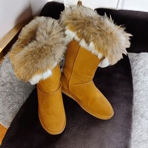 APHNUS Women’s Size 10 Fur Trim Winter Boots Real Leather Rabbit & Raccoon Fur F